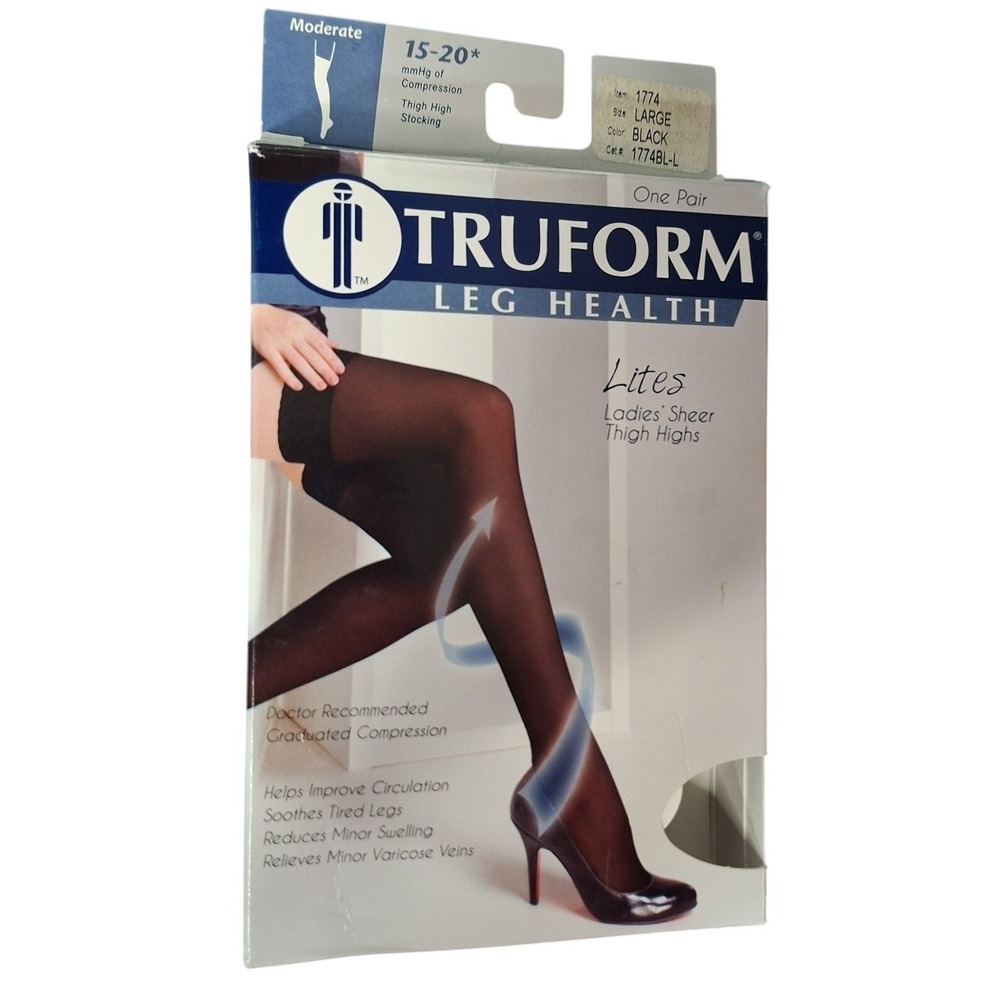 Truform Compression Thigh Highs Women Large Black New 15-20mmHg Sheer 1774BL-L